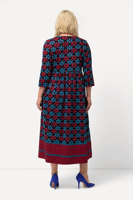 Jerseykleid, Blüten, A-Linie, Rundhals, 3/4-Arm