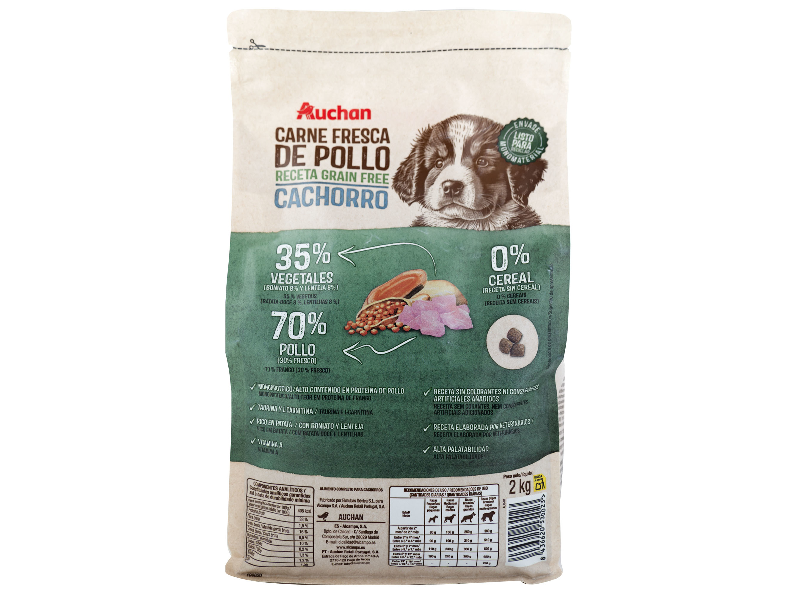 RAÇÃO CÃO JÚNIOR AUCHAN GRAIN FREE FRANGO FRESCO 2KG