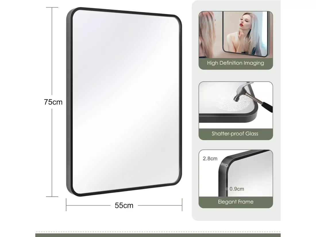 Miroir Mural 75x55cm Rectangulaire avec Cadre en Aluminium - Miroir Salle de Bain - Dressing/Salon Décoration - HD Miroir de Maquillage - Noir