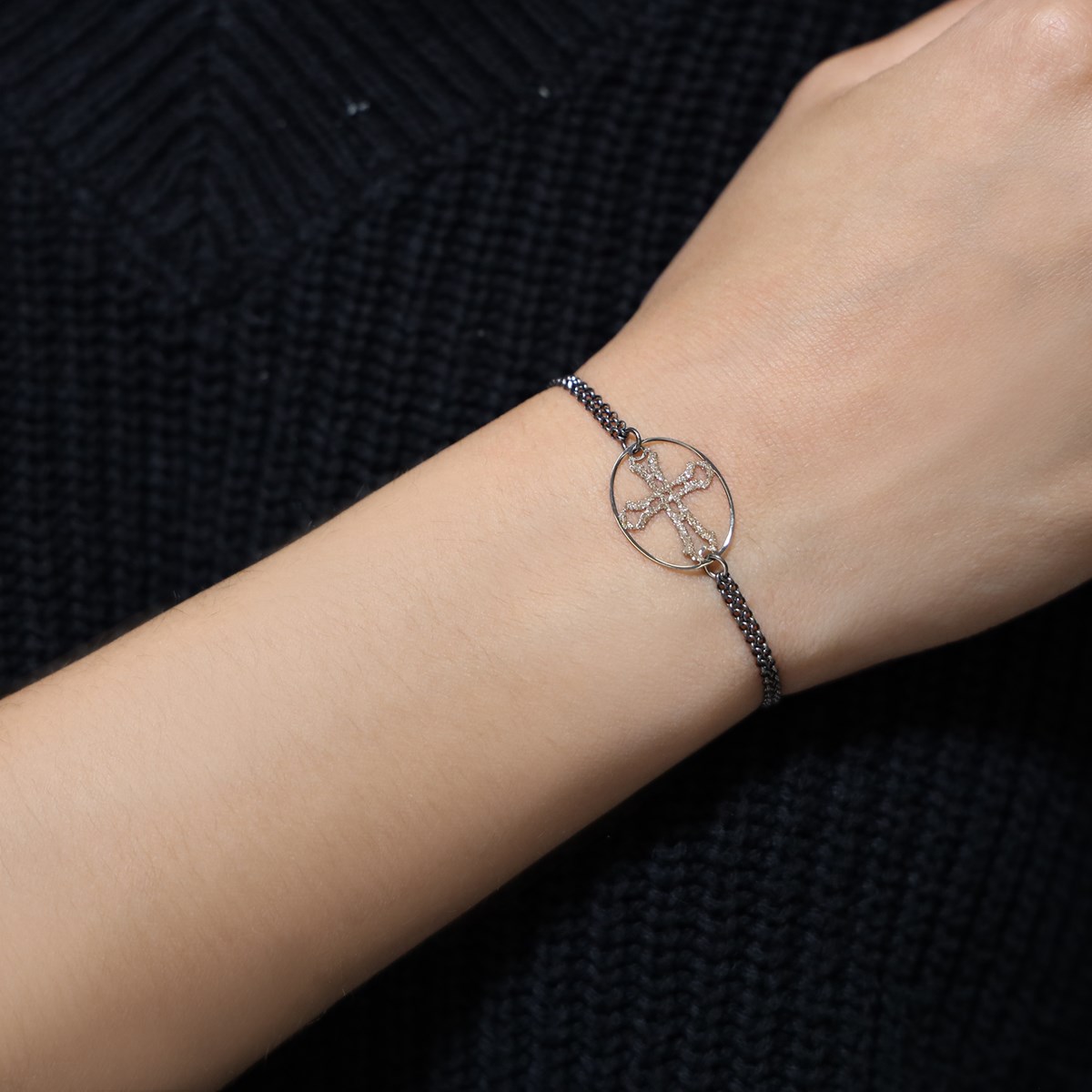 Bracelet Argent Noir Croix Scintillante Dorée16cm+3cm