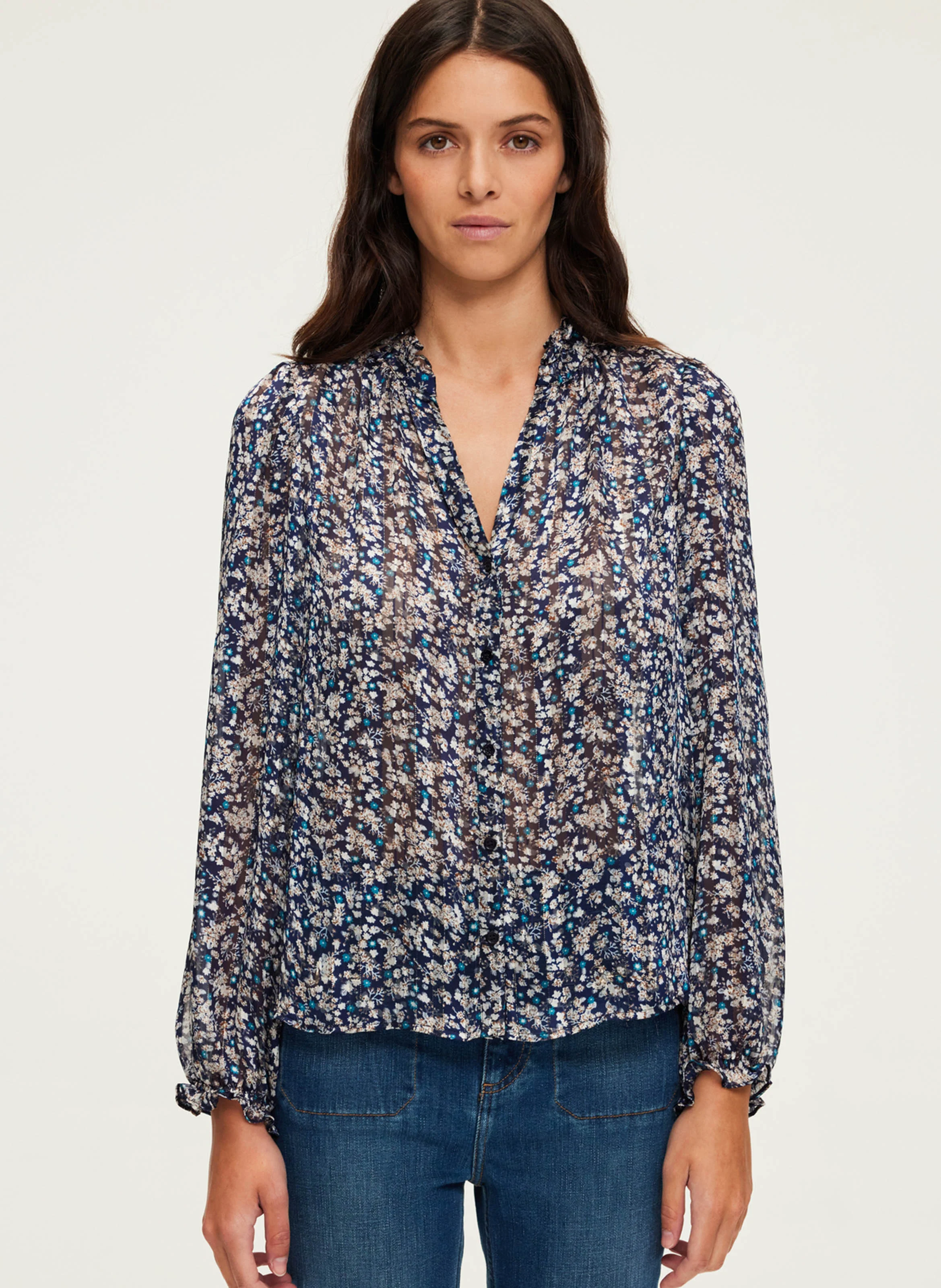 BELODIE - Chemise droite imprimée à volants | Bleu