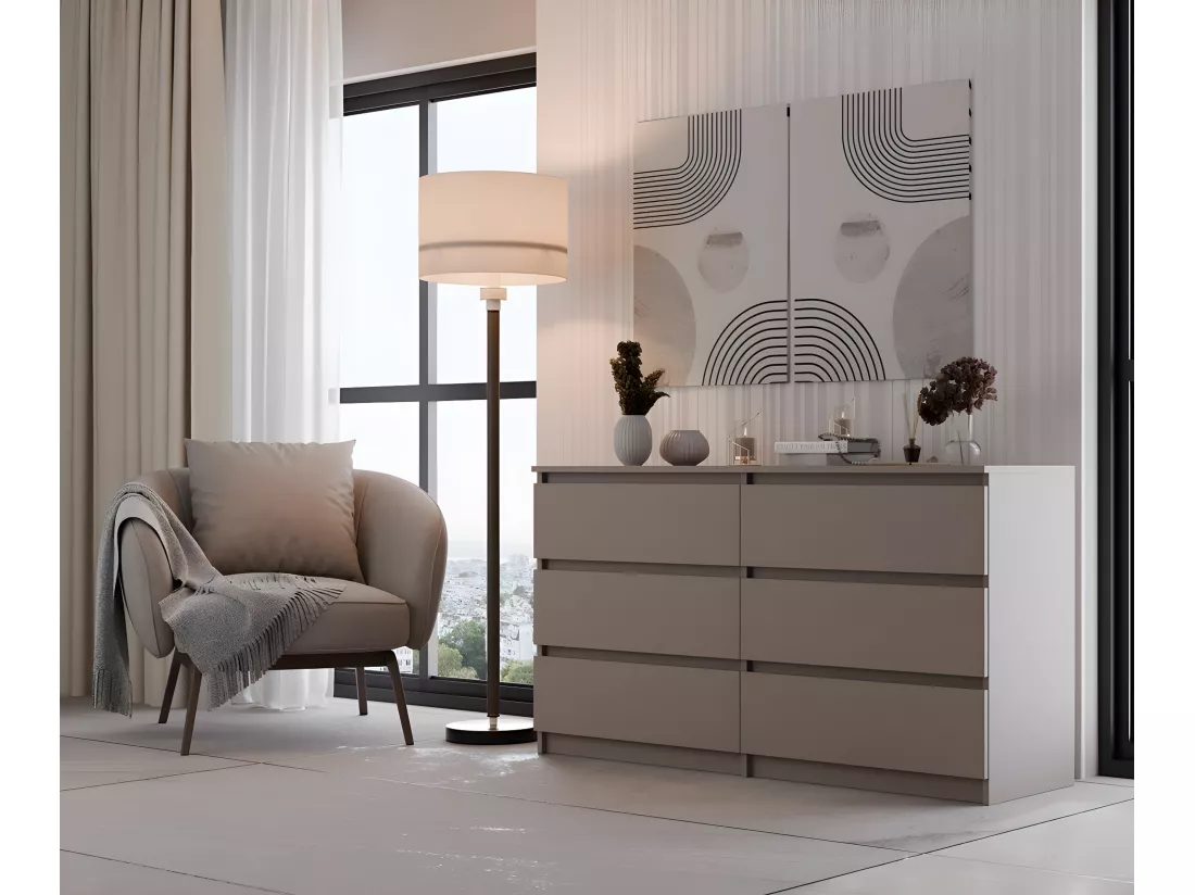 ASTER - Commode large chambre salon bureau gris - 6 tiroirs - 138x40x75cm - 6 tiroirs - Style scandinave