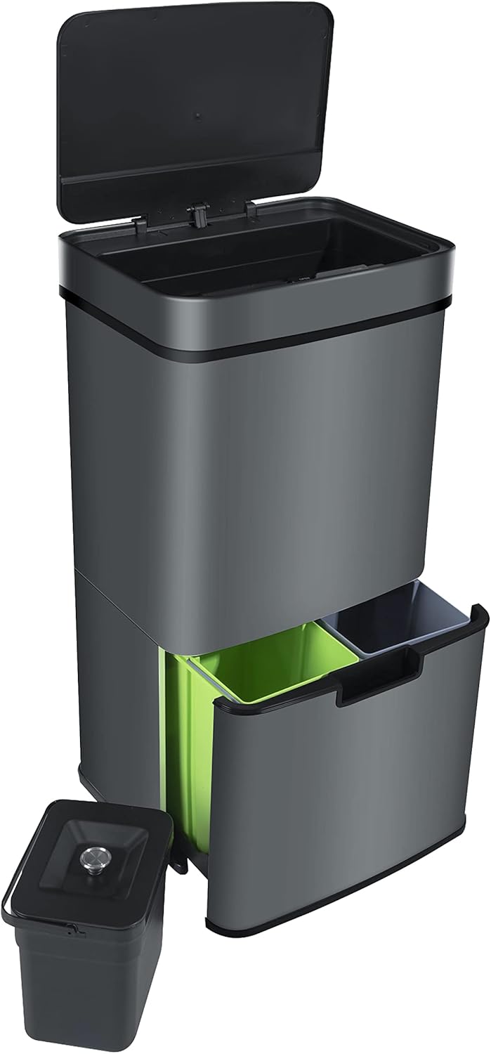 Ribelli Edelstahl - Mülltrennsysteme mit 3+1 Fächer - Mülleimer mit Sensor - 72 Liter (2x12 + 1x48 L) - Design Treteimer aus Edelstahl - Grau