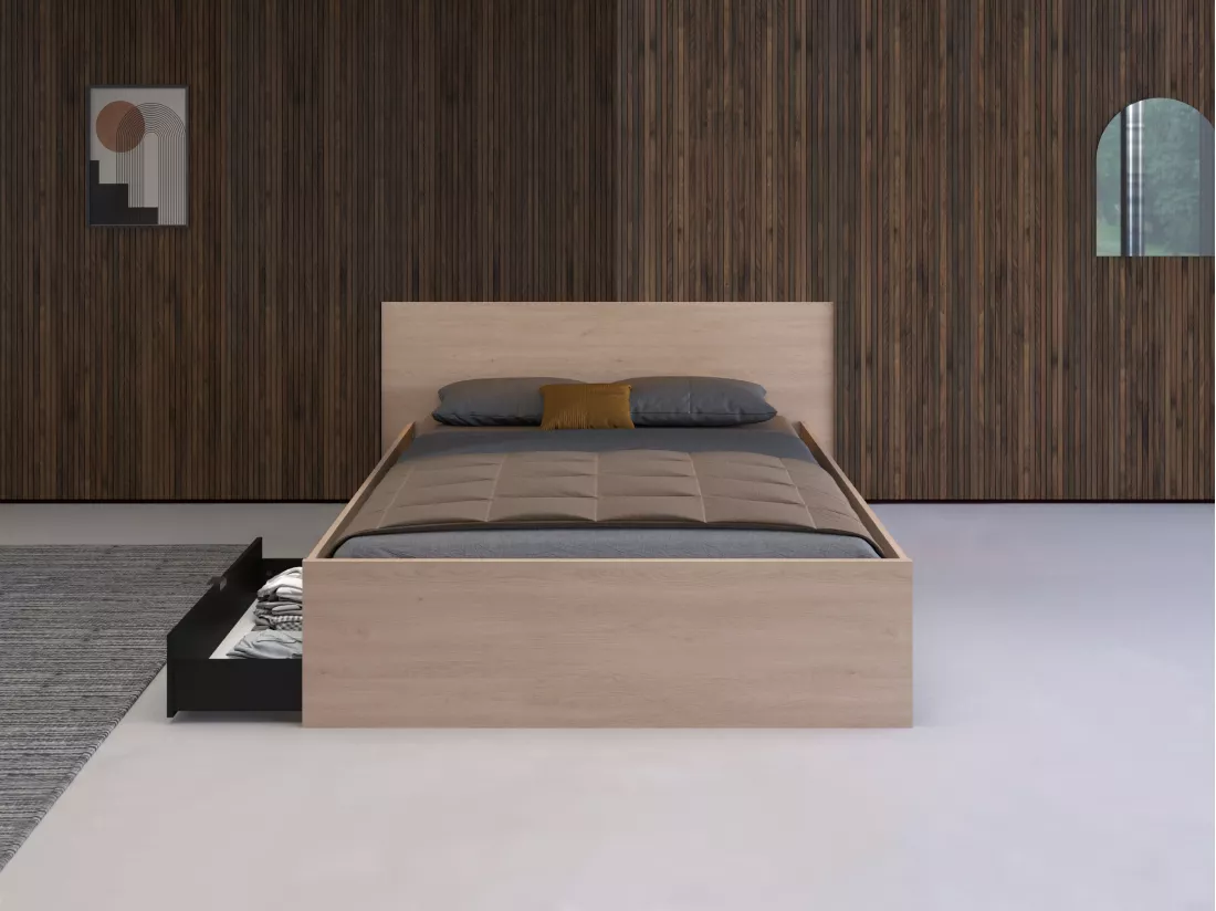 Lit avec 2 tiroirs 140 x 190 cm - Coloris : Naturel et noir - VELONA