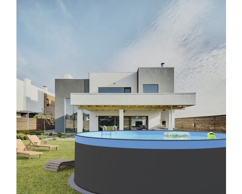 Opbouwzwembadset van staalwand Planet Pool rond Ø 350x90 cm incl. zandfiltersysteem, skimmer, filterzand & trap antraciet met blauwe overlappingsliner
