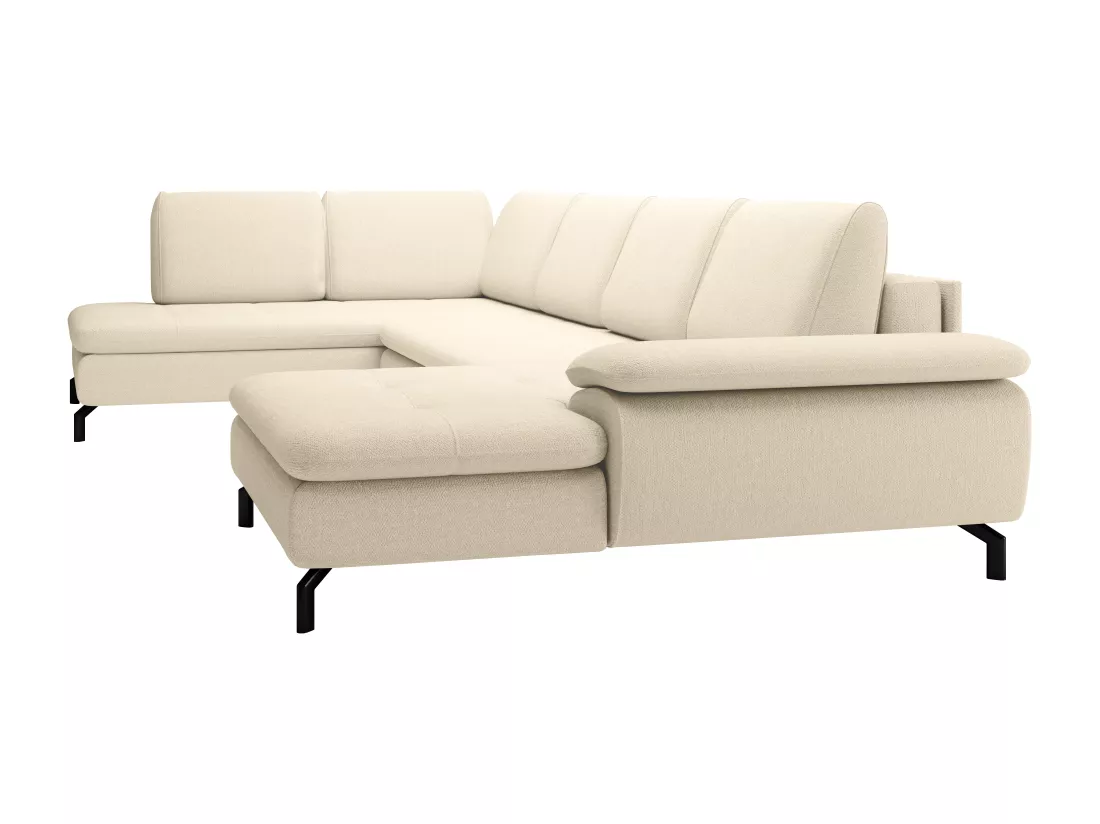 Grand canapé d'angle droit panoramique convertible en tissu texturé beige ARCHIBALD