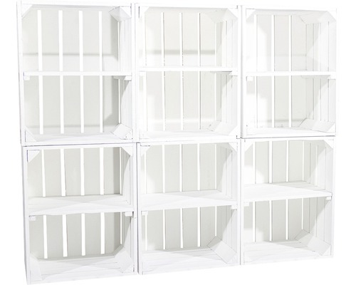 Vintage witte fruitkist met horizontale middenplank, 50x40x30 cm, set van 3