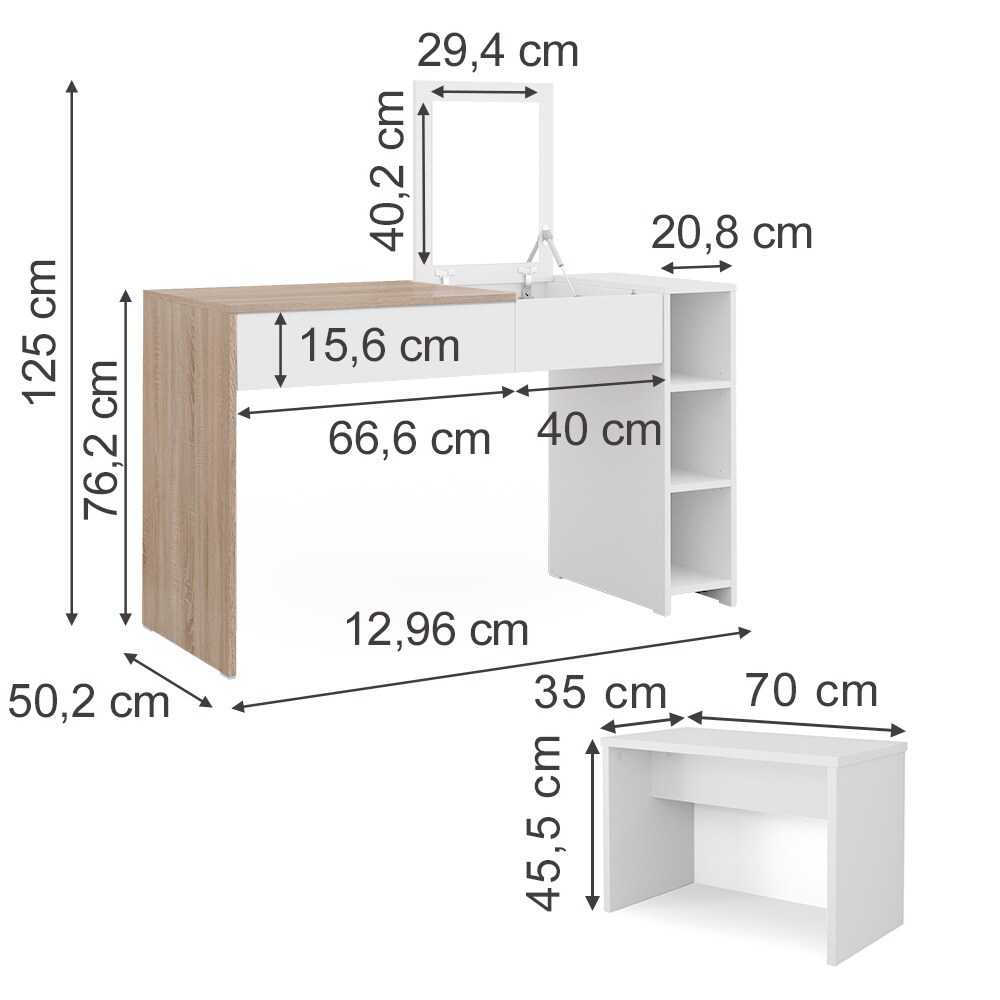 Vicco Schminktisch Kira, 129 x 76 cm, Weiß Sonoma, Frisiertisch, Spiegel, Bank, modern