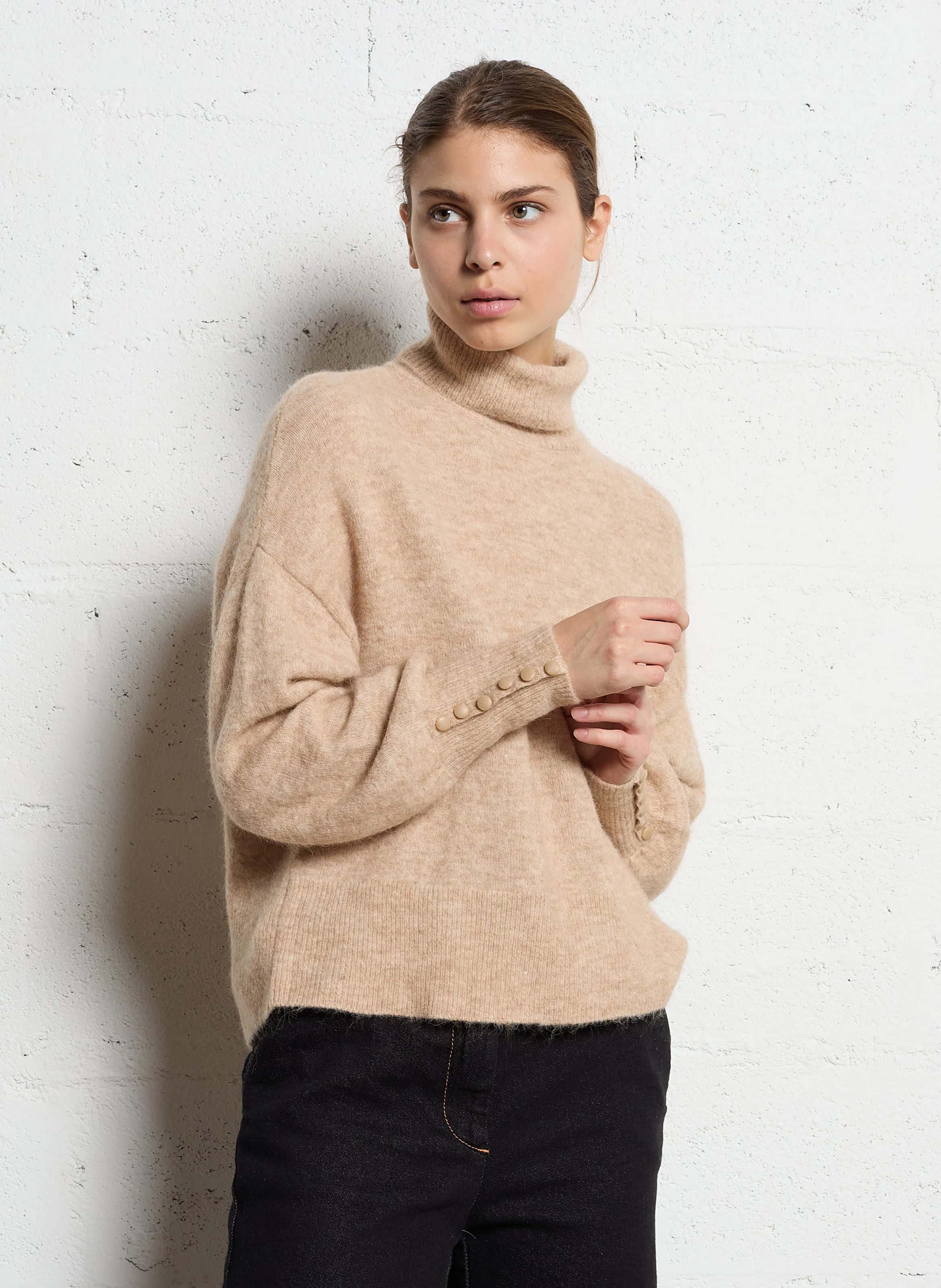 MACOMY - Pull oversize col roulé en laine mélangée | Beige