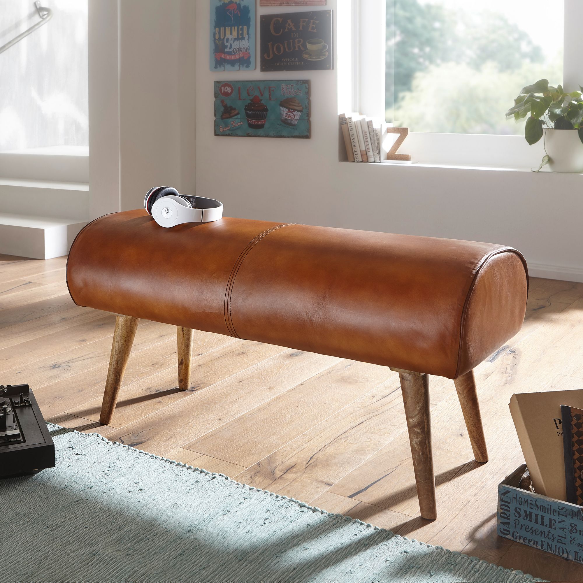 FineBuy Sitzbank Echtleder 100 cm Springbock Lederbank Flurbank Massivholz Bank