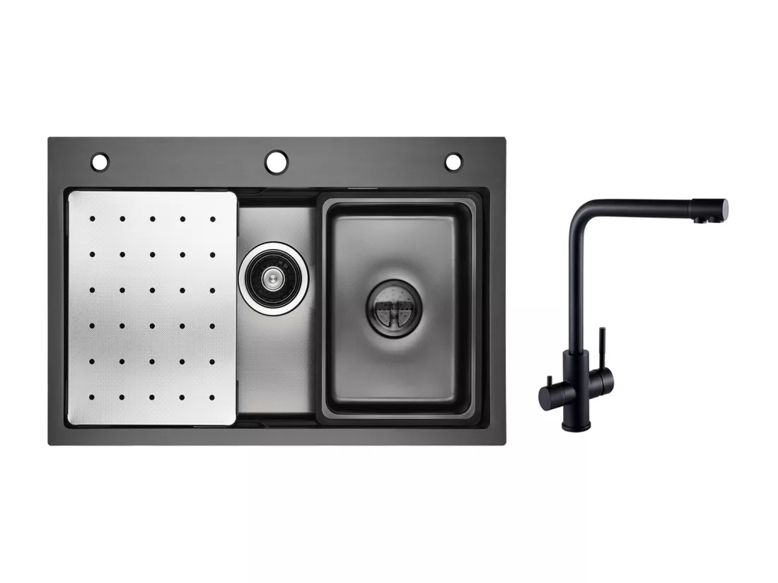 Évier de Cuisine 1 Cuve 70×45×21.5 cm + Egouttoir + Vasque + Distributeur de Savon + Mitigeur Evier à 3 Voies, 2 Leviers, Noir