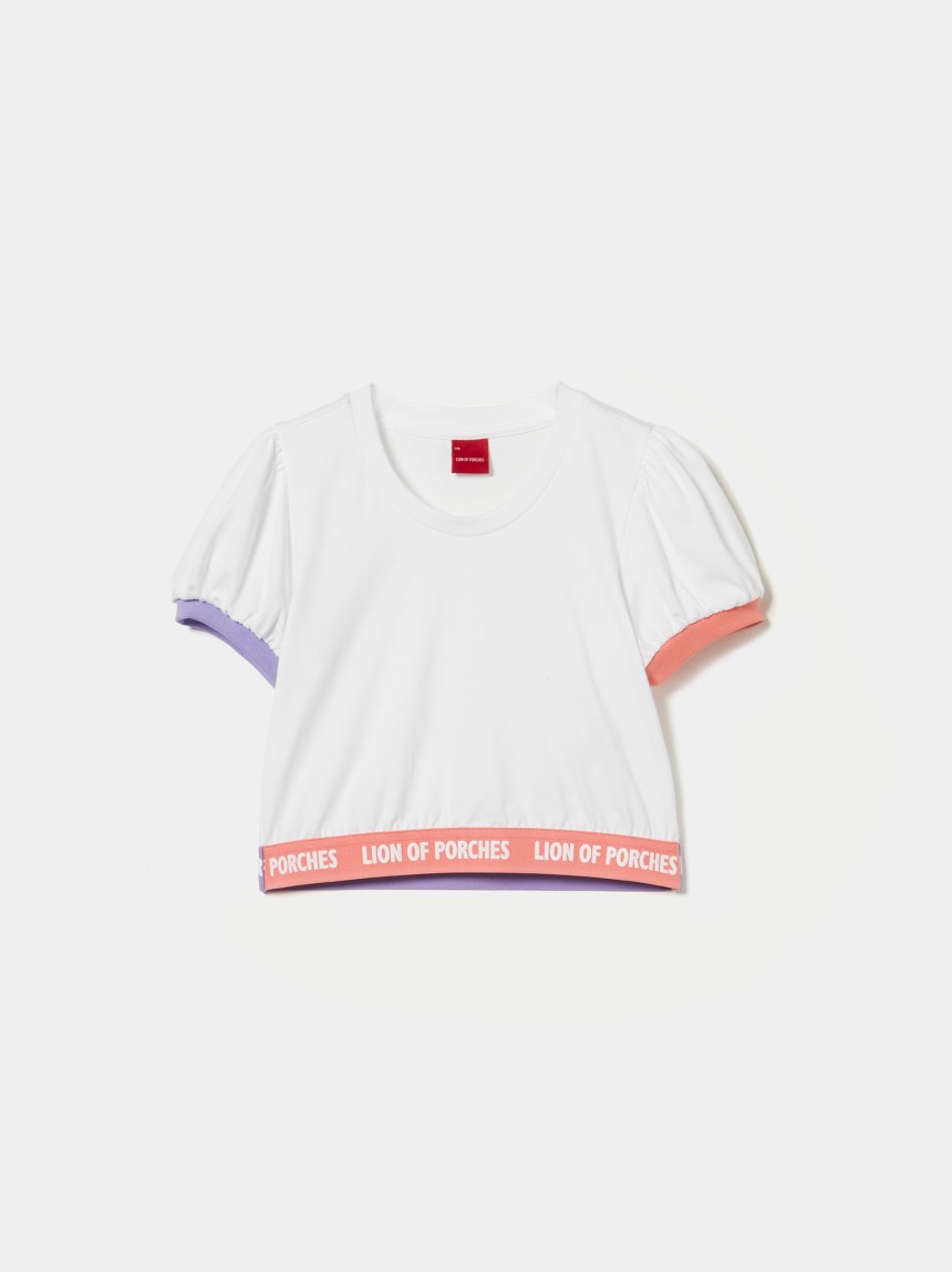 T-shirt cropped com manga balão