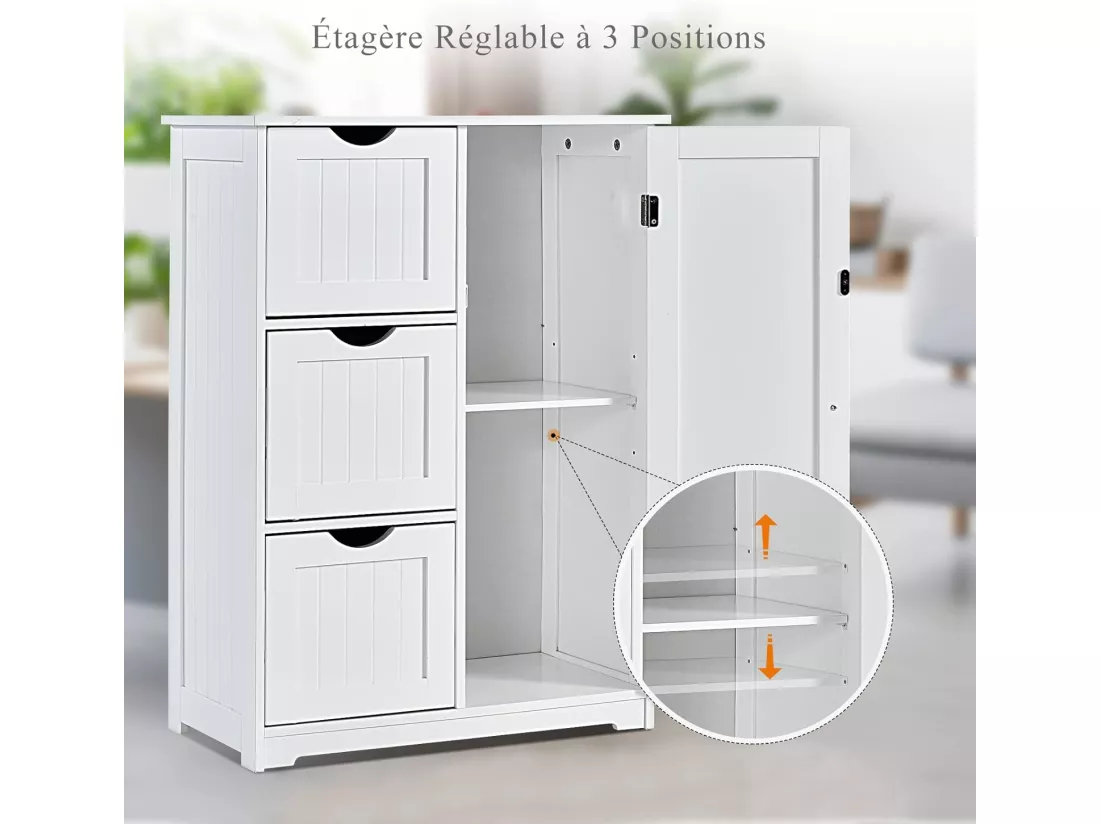 Meuble de Salle de Bain avec 3 Tiroirs, 1 Placard, Rangement Salle de Bain Étagère Réglable pour Salon, Chambre, Entrée, 58x28x81cm(3 Tiroirs - Blanc)