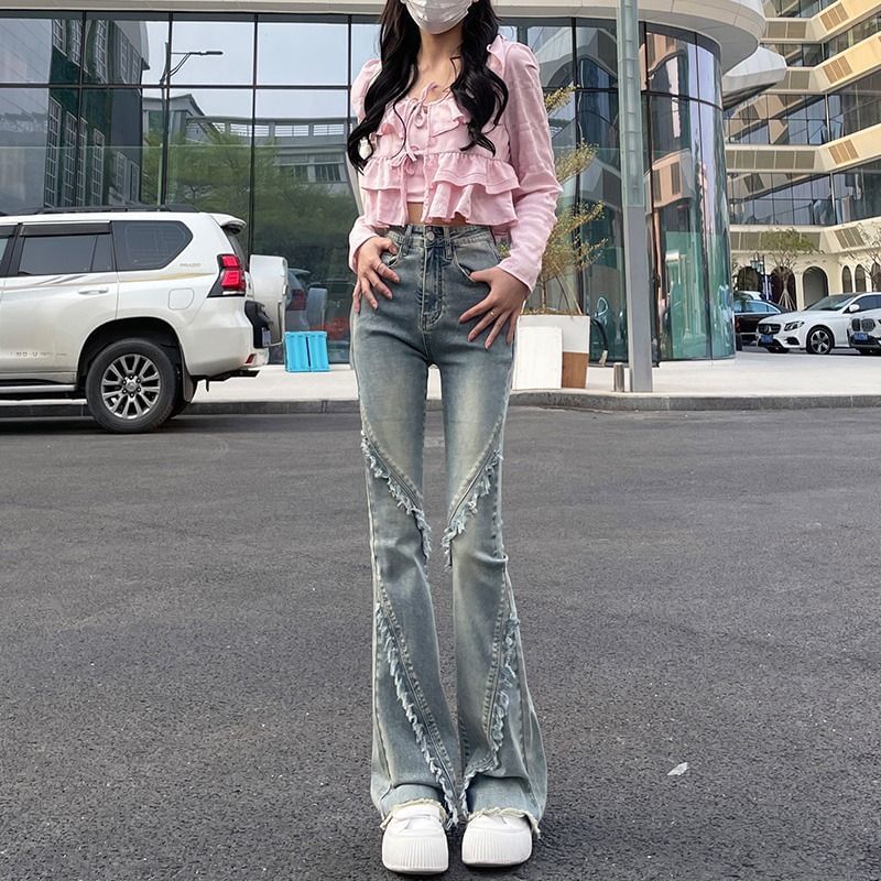 Baoinie - High Waist Washed Distressed Bootcut Jeans