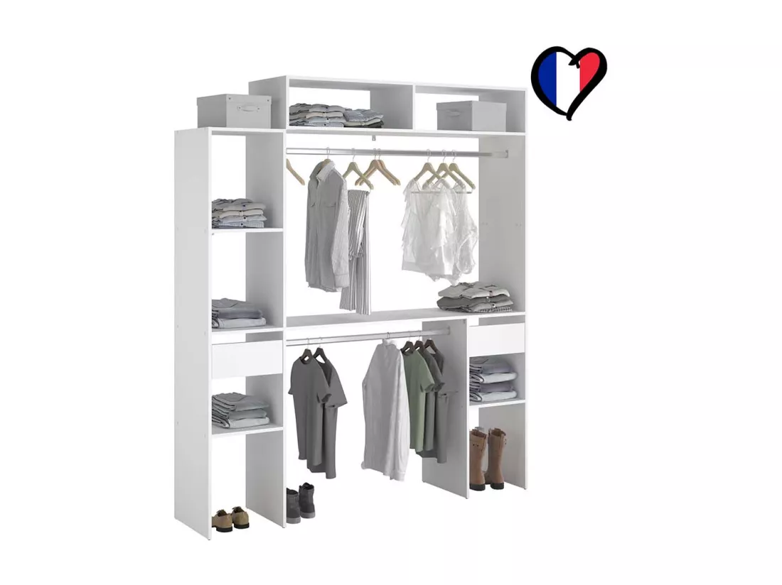 Dressing blanc extensible avec étagères, penderies, tiroirs ELYSEE