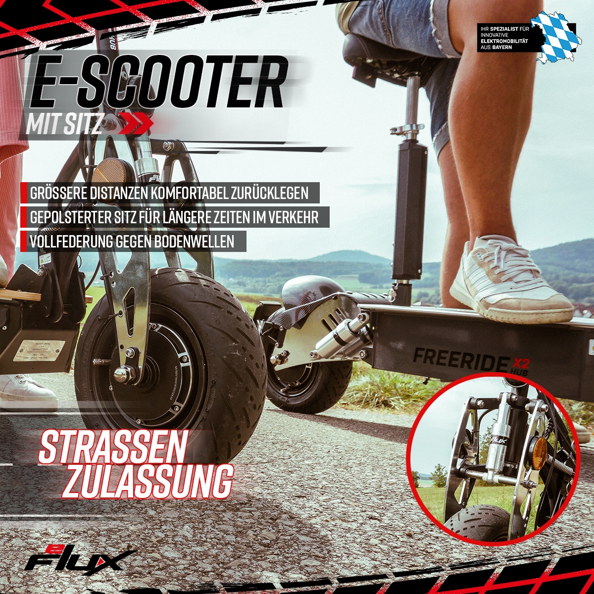eFlux Freeride X2, E-Scooter mit Straßenzulassung, Hub-Version, Sitz, 2500 Watt, 45 km/h, Easy-Fold (Schwarz)