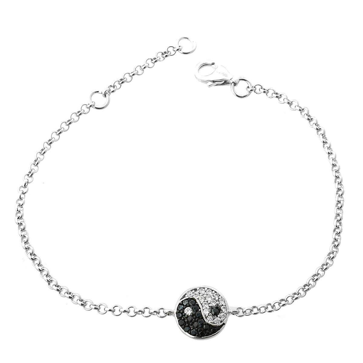 Bracelet yin yang serti d'oxydes de zirconium blancs et noirs Argent 925 Rhodié