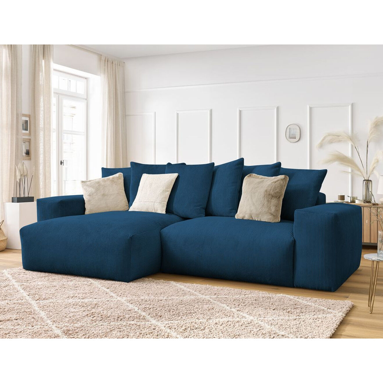 Bobochic Canapé d'angle réversible ultra moelleux voltaire velours côtelé bleu foncé - 310x174x75 cm