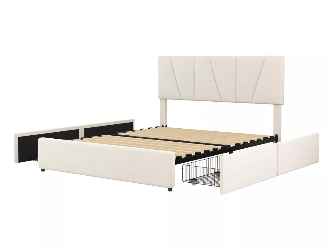 Lit rembourré king size avec quatre tiroirs de rangement beige (160*200cm)
