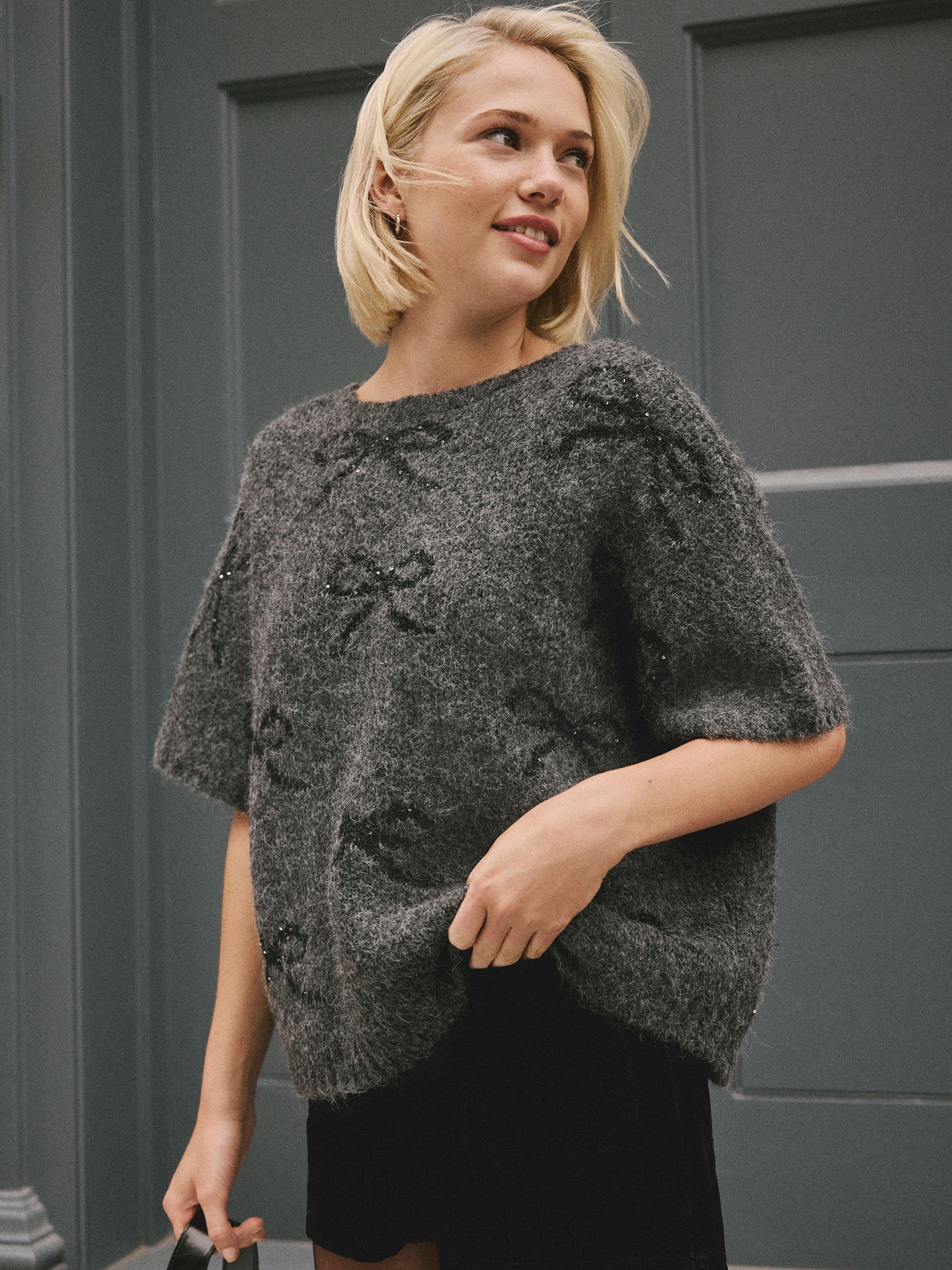 Grijs/strik glinsterend - Gebreide poncho cover-up met fluwelen strik aan de achterkant