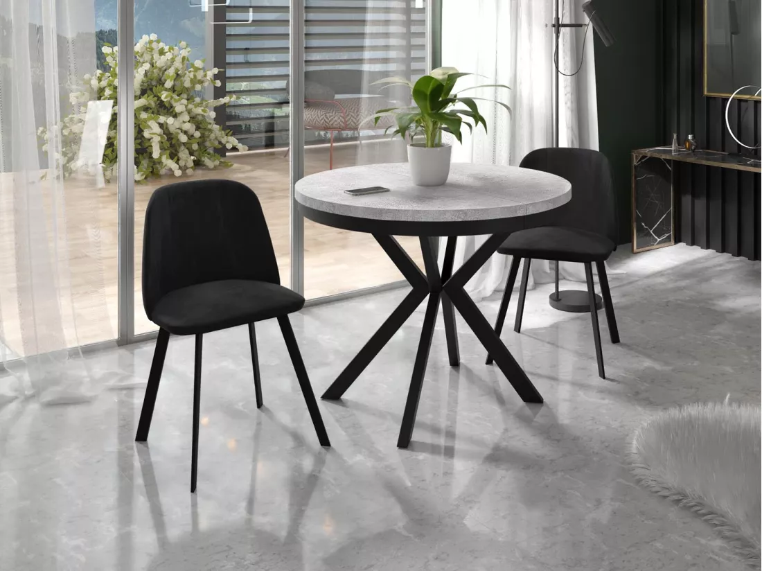 Table à Manger Extensible Ronde - Table Style Loft Avec Pieds En Métal - 100 à 180 Cm - Table Ronde Style Industriel Pour Le Salon - Compacte - Béton Clair/noir - 9