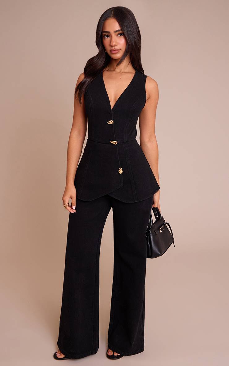 Noir Combinaison-pantalon En Denim Avec Gilet Ajusté Et Détails De Finition Petite