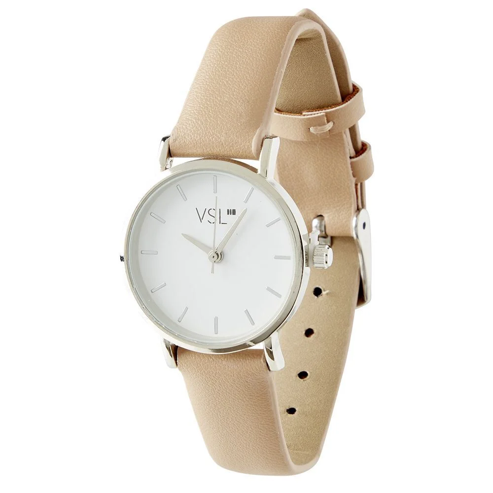 Montre ronde argentée simili beige nude L22cm