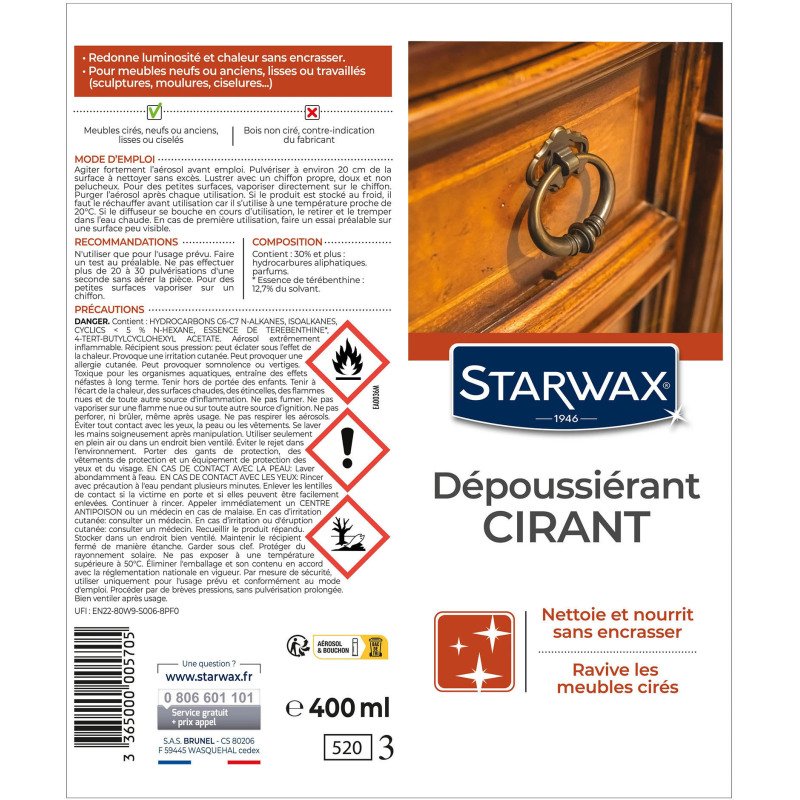 Nettoyant dépoussiérant mobilier intérieur - cirant - 400 mL