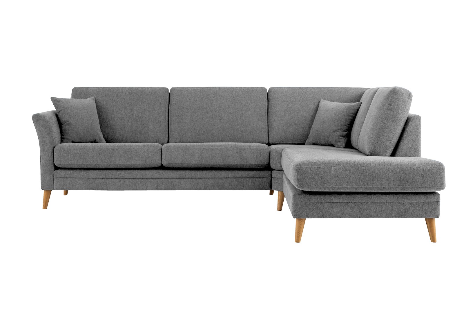 Eden hjørnesofa 2,5-seter med åpen ende høyre. Tekstil Thor 3 Grey med ben i eik natur (15137).