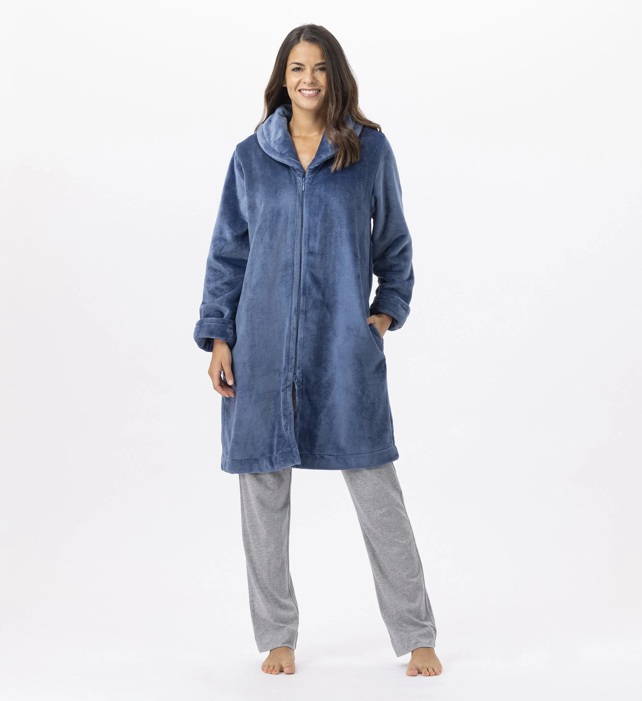 ESSENTIEL H56B - Robe de chambre zipée en peluche flanelle | Bleu