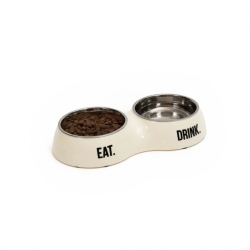 Comedouro duplo de design exclusivo para animais de estimação na cor creme.