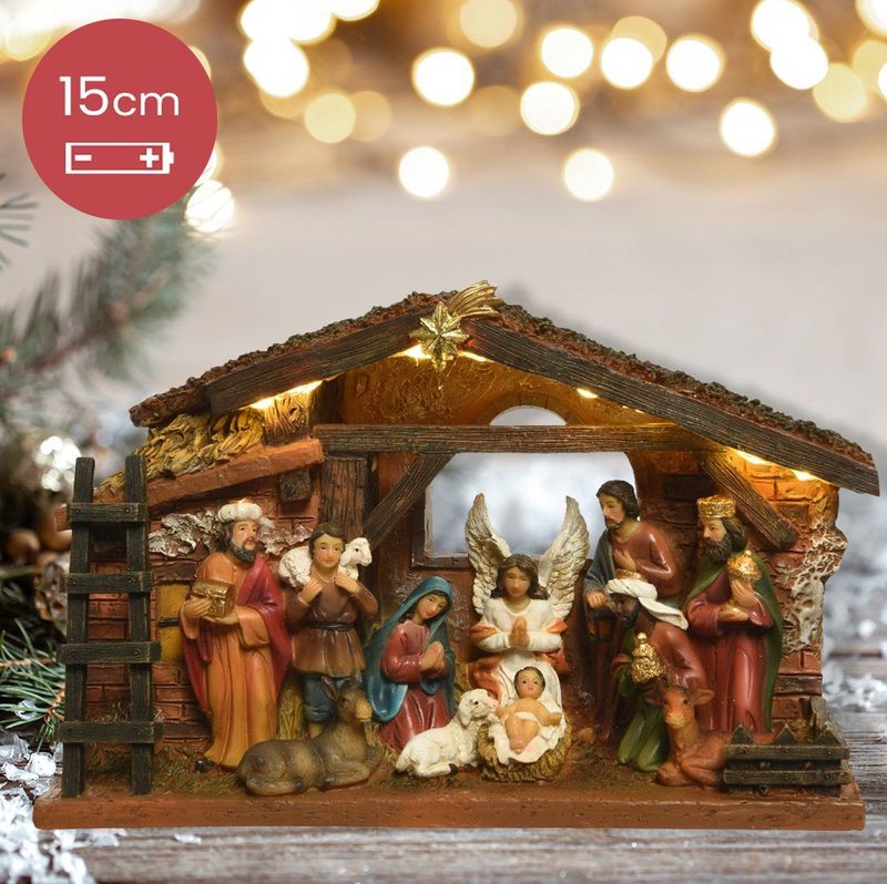 Decoris Complete verlichte kerststal - met beelden - L24 x B7,7 x H15 cm