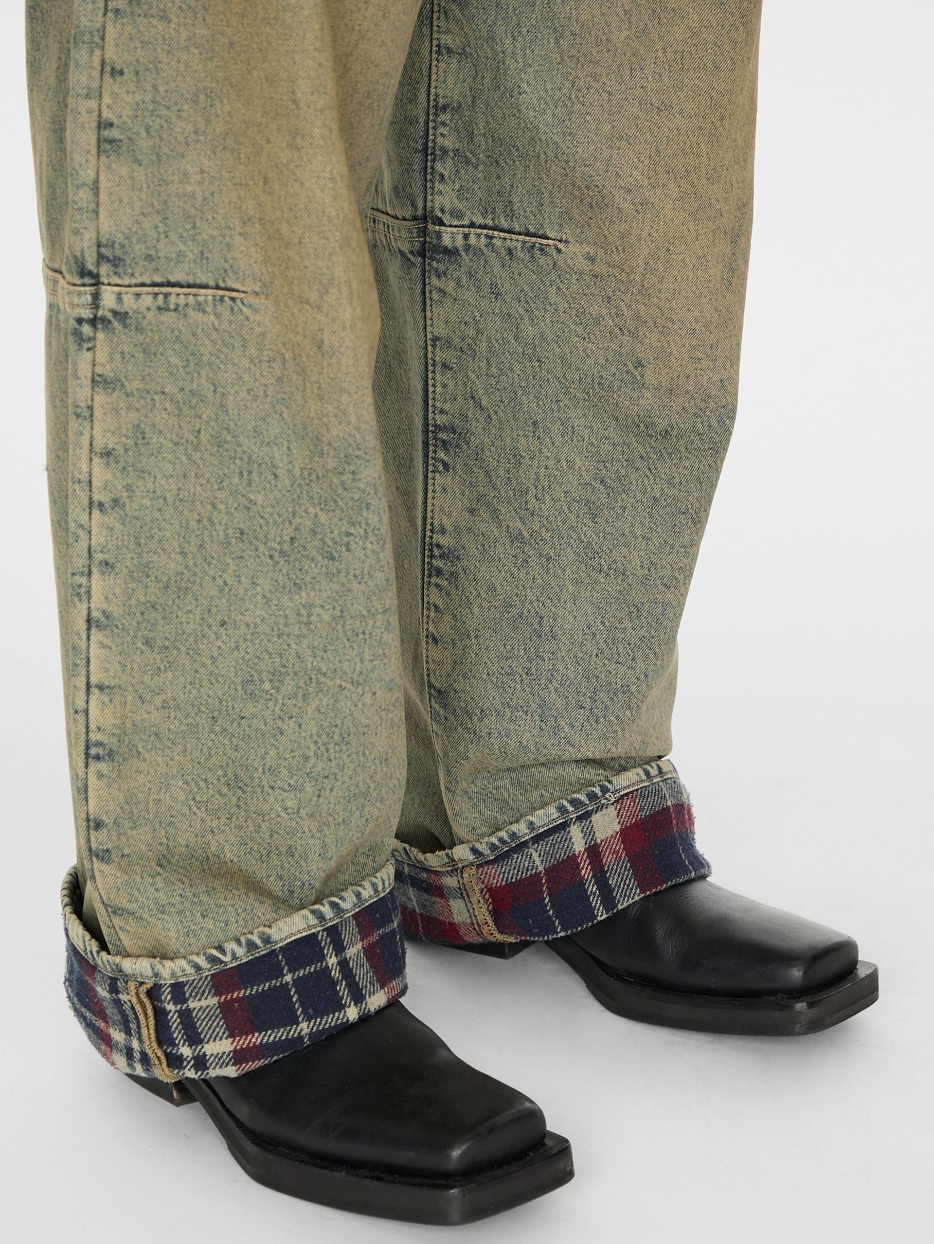calça jeans folgada com forro de flanela