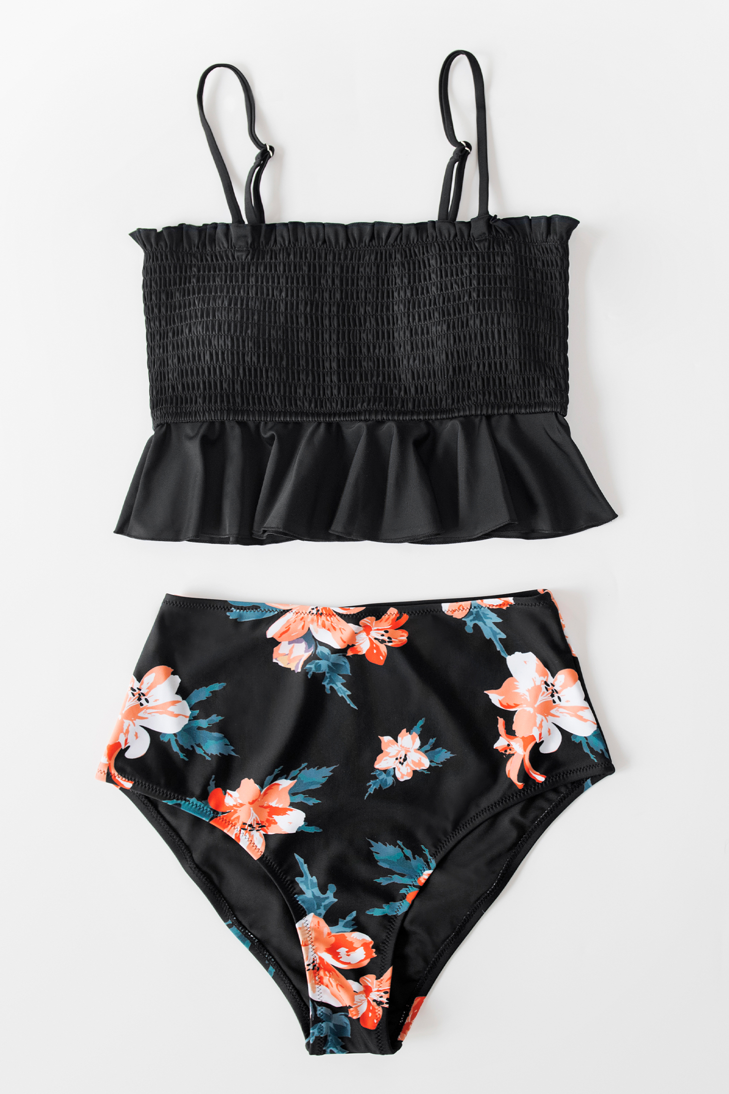 Tankini taille haute à volants et feuilles noir