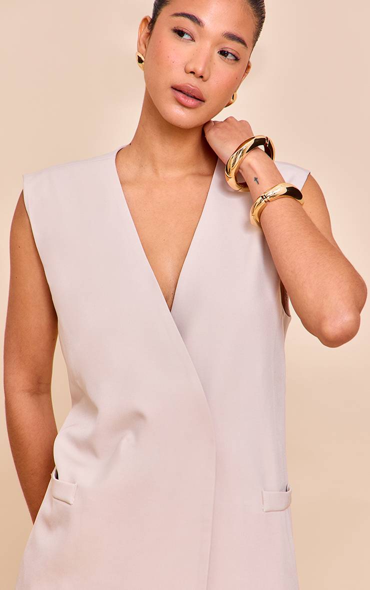 Gris Argile Ensemble Coordonné Gilet Sans Col Tissé À Épaulettes