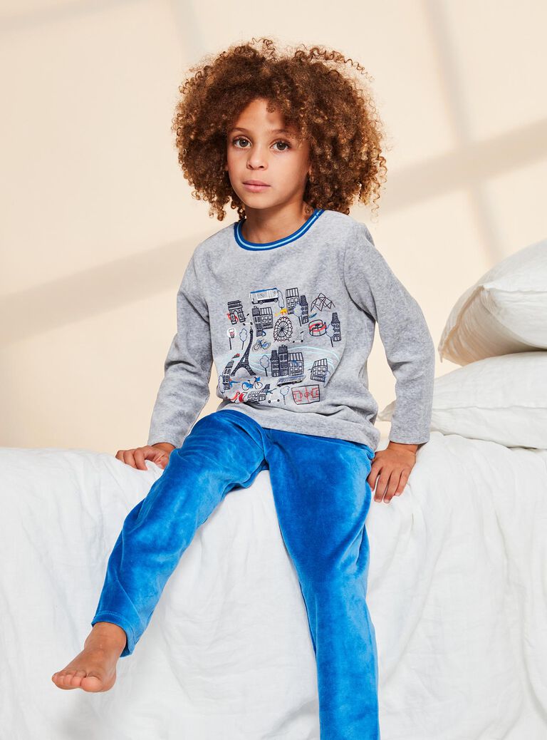 Ensemble pyjama gris chiné en velours thème Paris