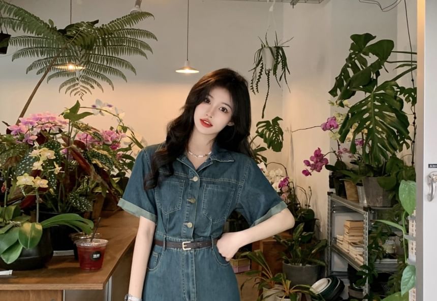 Secolo - Set: Midi-jurk met kraag, halfgeknoopt denim, elleboogmouwen en riem