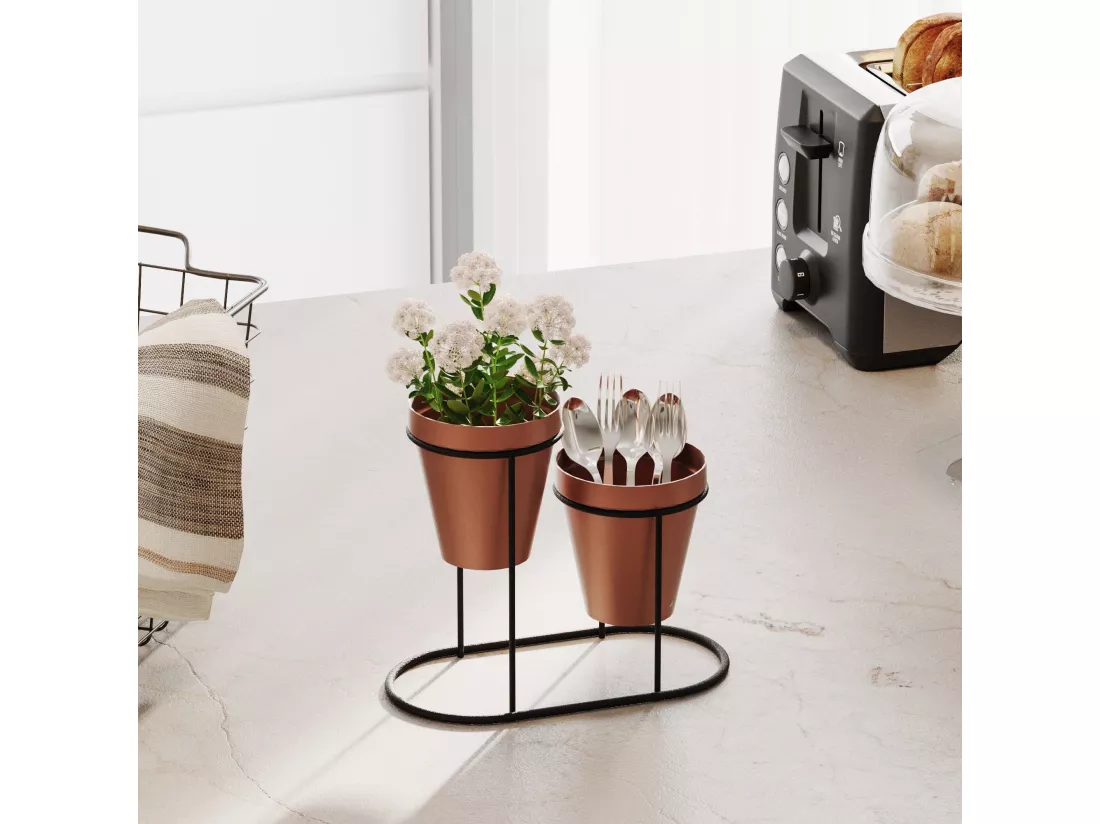 Porte pot à 2 pots Avilan L19xH16cm Métal Noir et Cuivre