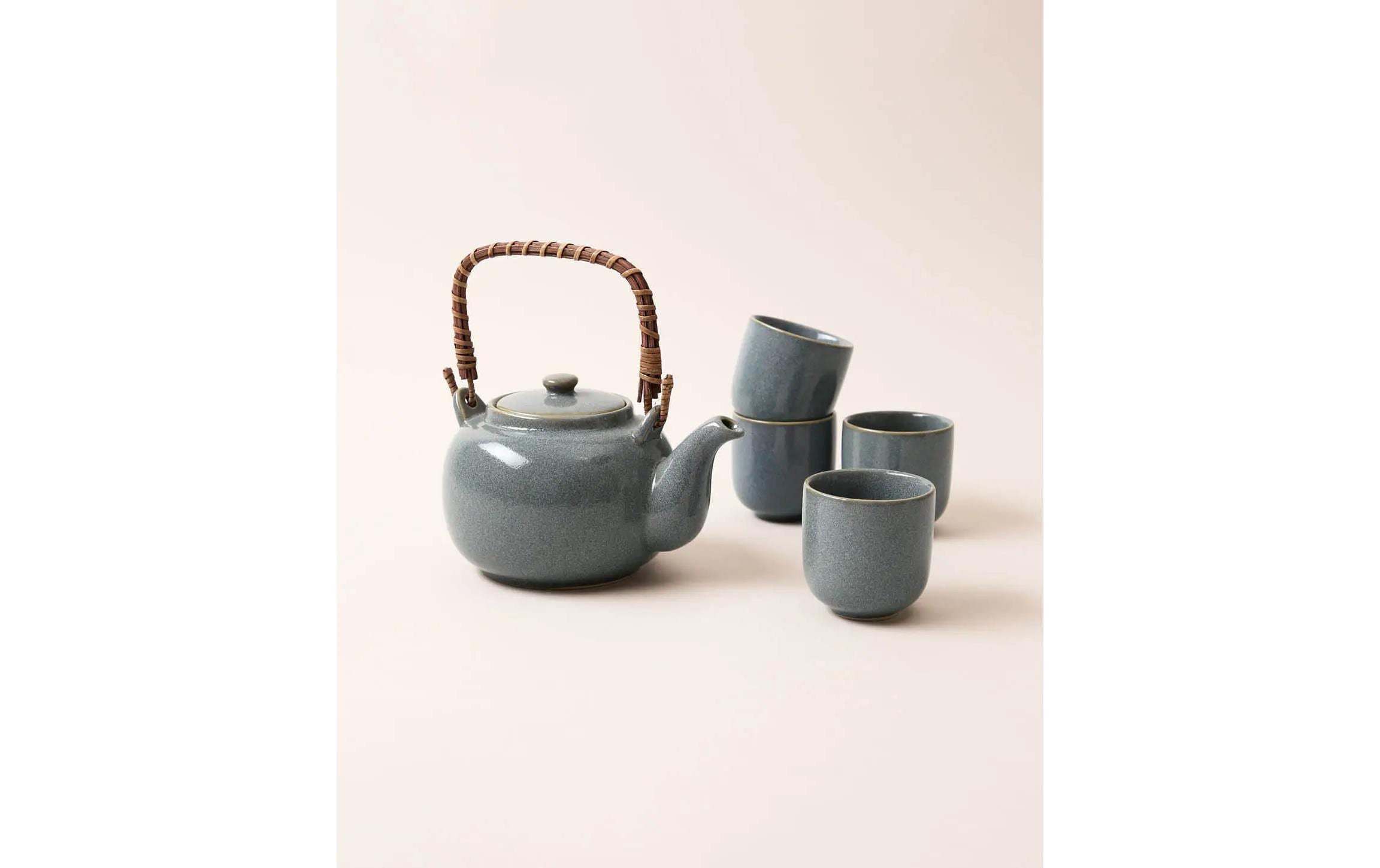 Tee-Set Japandi Krug & 4 Tassen 0.7 l, BlaugrauJapanisches Teeservice aus Keramik
