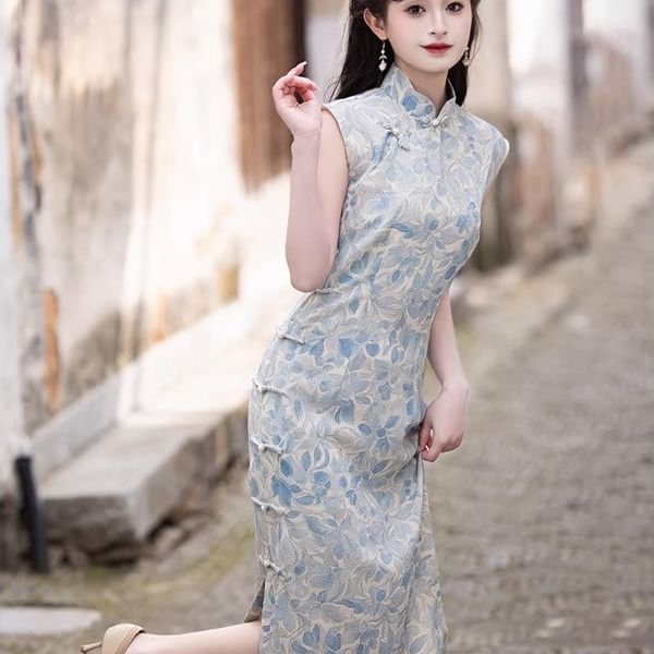 Vensazco - Traditionele Chinese mouwloze staande kraag bloemenprint kikker geknoopte maxi mantel qipao