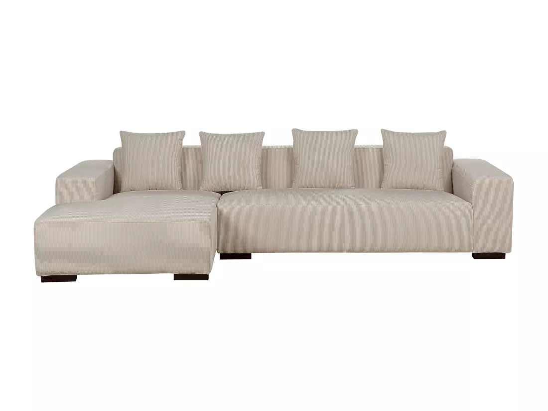 Canapé Angle à gauche 4 Places en Velours Côtelé Beige avec 4 Coussins Supplémentaires Lungo