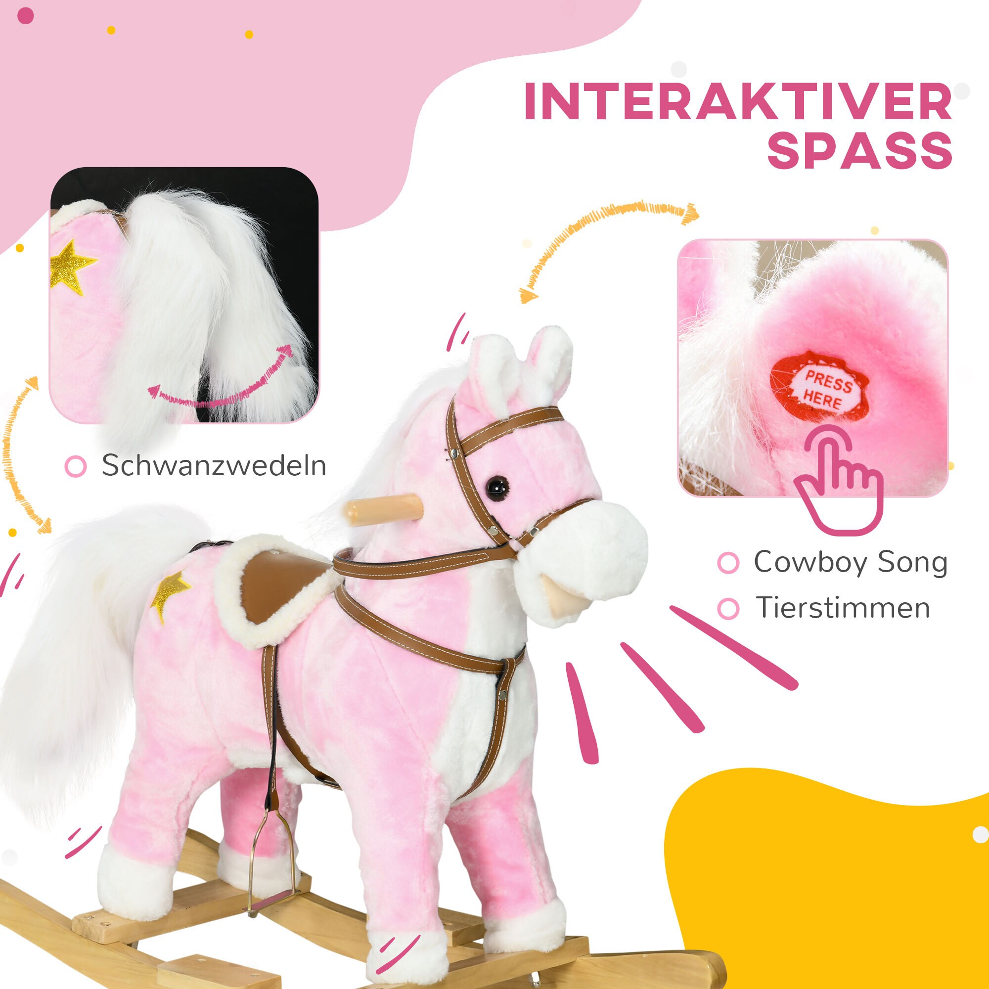 HOMCOM Schaukelpferd mit 3 x AA-Batterien rosa 68L x 26B x 62H cm