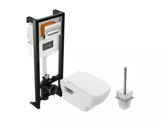 Pack WC suspendu sans bride JACOB DELAFON Struktura + abattant + plaque + bâti + Porte-balai Eo carré