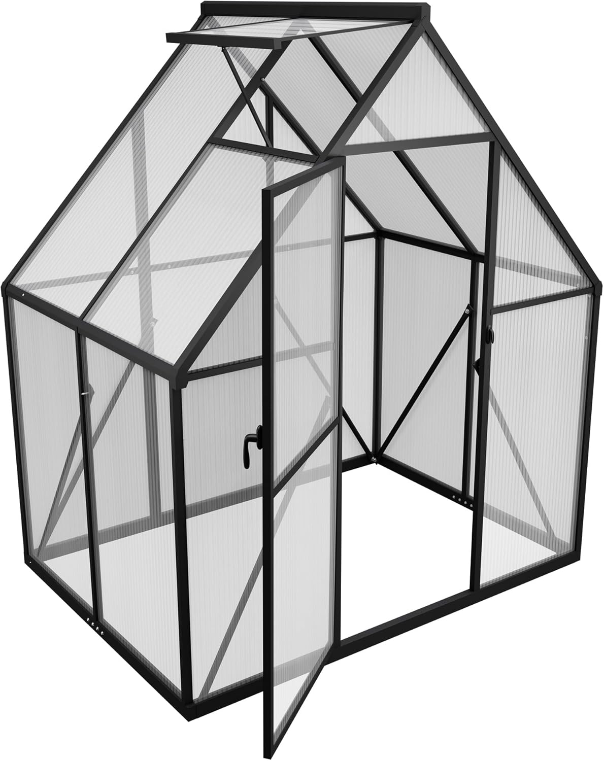 Gewächshaus Aluminium Treibhaus mit Transparent PC Platten Dachfenster & Tür & Fundament 125x180x195cm Winterfest Gartengewächshäuser Begehbares Pflanzenhaus für Garten Outdoor