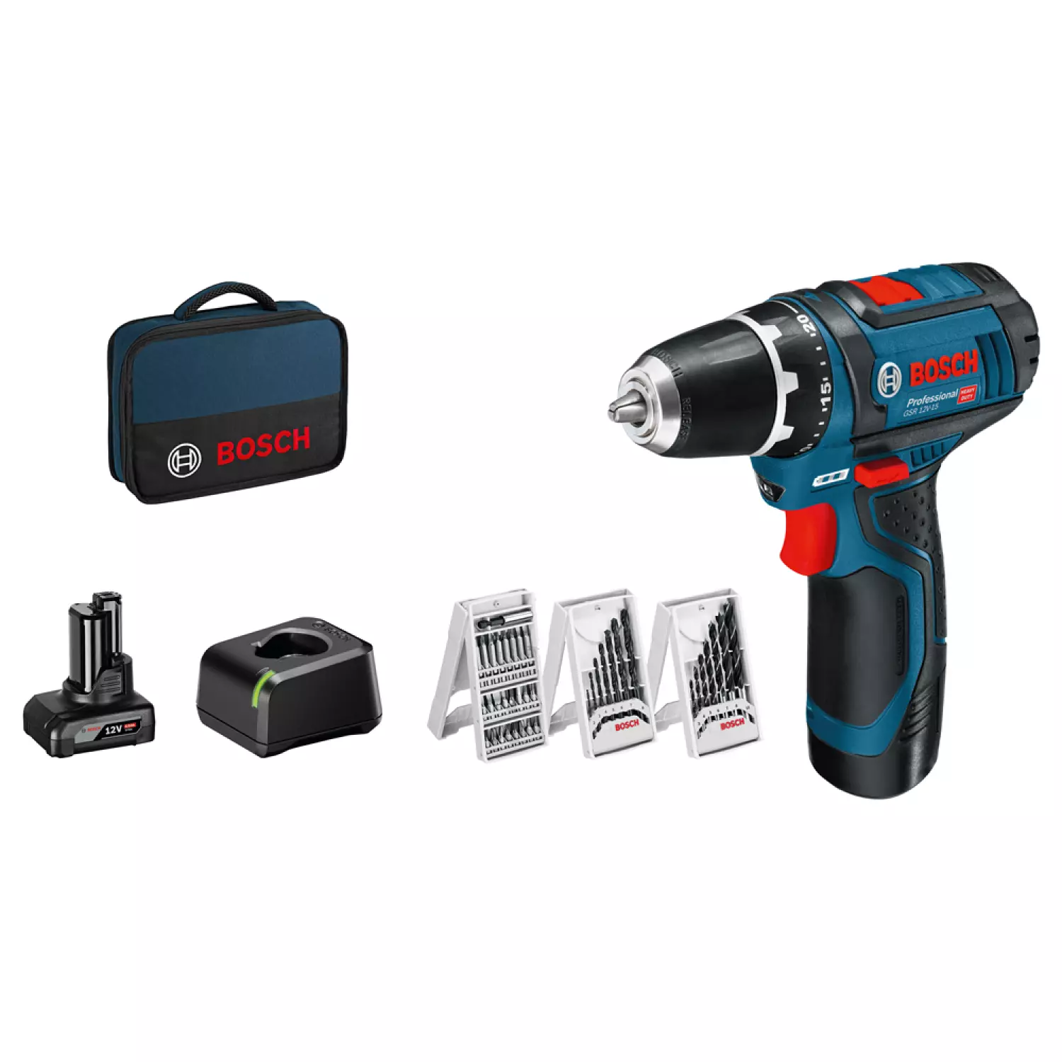 Bosch GSR 12V-15 12V Li-Ion accu boor-/schroefmachine set (1x 4.0Ah   1x 2.0Ah accu) in tas incl. 39-delige accessoireset