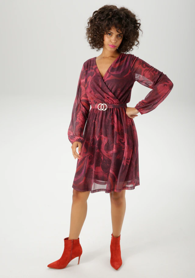 Aniston CASUAL Blusenkleid mit dekorativer Brosche am fixiertem Bindegürtel - NEUE KOLLEKTION