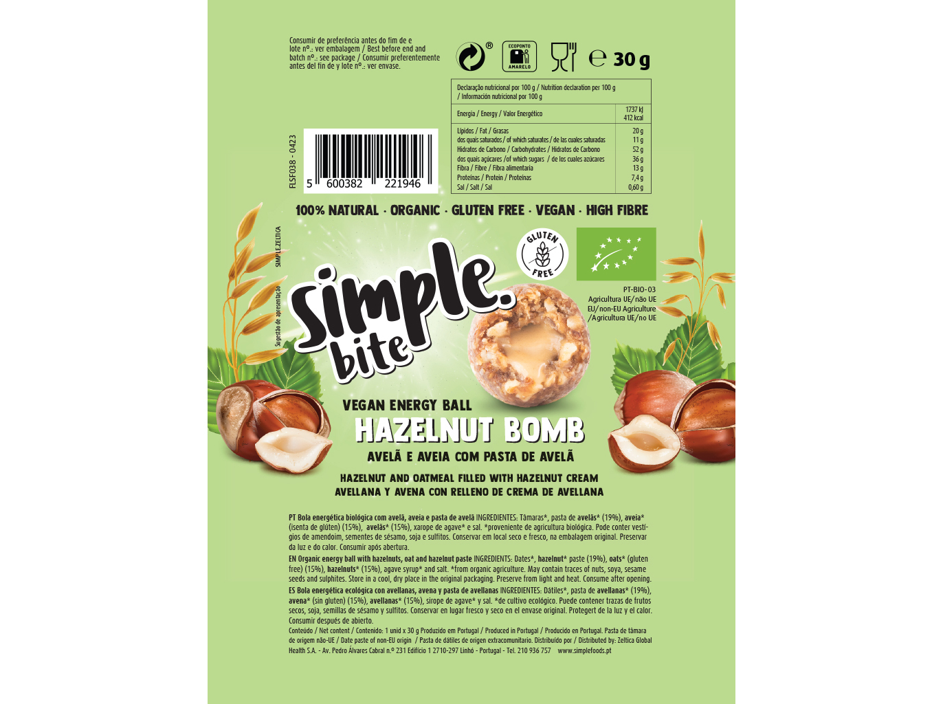 BOLA ENERGÉTICA SIMPLE HAZELNUT BOMB 30 G