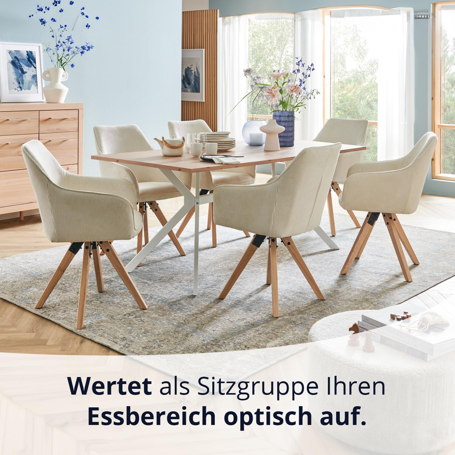 KHG Esszimmerstuhl drehbar, Drehstuhl mit Armlehnen Cord Beige, Stuhlbeine Holz Esche, Küchenstuhl, Polsterstuhl, Essstuhl, Armlehnstuhl, für Esszimmer Küche Büro