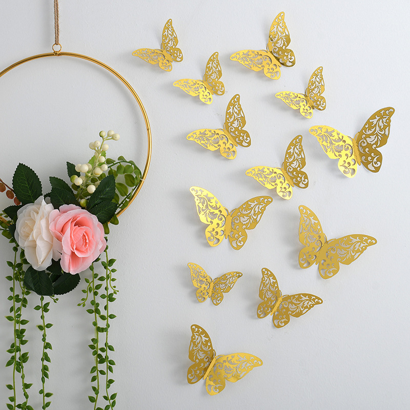 (12er Set) 3D Schmetterling Sticker Bastel Aufkleber Home Deko für Wände / Geschenke / Torten - Gold