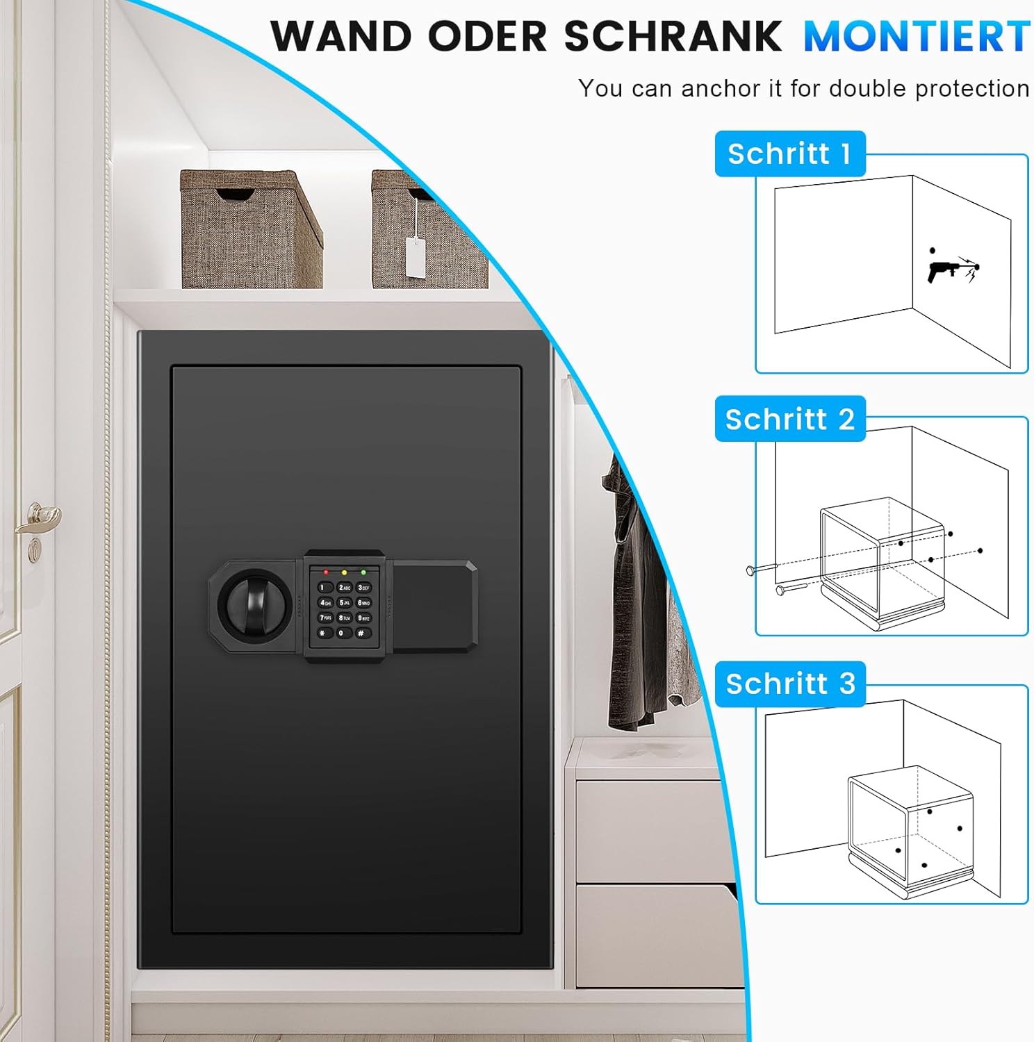 80L Extra Großer Safe Tresor für Zuhause, Feuerfester Tresor mit Schlüssel, Abnehmbares Regal und Stummschaltfunktion, Anti-Theft Tresore für Geld, Dokument, Medizin and Wertgegenstände